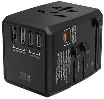 Weltweiter Reiseadapter, integrierter USB-C-PD-65-W-Schnellladen mit 2 USB-C- und 2 USB-A-All-in-One-International-Adapter-Universalsteckdose mit EU-UK-US-AU-Steckern für mehrere Länder