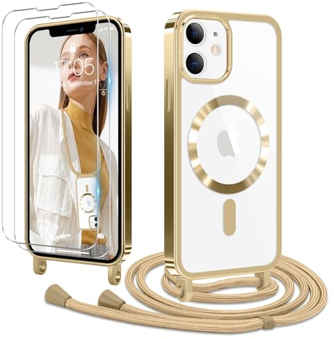 Ethanger Handyband für iPhone 12 iPhone 12 Pro Hülle mit Band + 2 Stück Glas Schutzfolie Transparent Silikon Handyhülle Magnetische Schutzhülle Case zum Umhängen für iPhone 12/12 Pro Gold