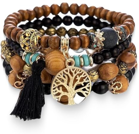 LICHUANUK Set di 4 Braccialetti in stile bohémien, Braccialetto multistrato di Legno Perline, braccialetti da donna con albero della vita, nappe set di braccialetti, per donne e ragazze