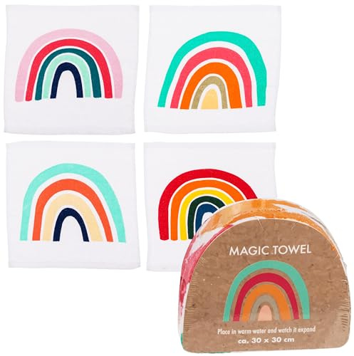 Juego de 4 toallas mágicas de algodón arcoíris, 30 x 30 cm, regalo para cumpleaños infantiles, viajes, fiestas, 100 % algodón, colores variados, ideal para niños y adultos