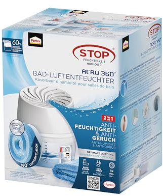 Pattex AERO 360° Luftentfeuchter für das Badezimmer, Raumentfeuchter für effektive Luftzirkulation, Raumluftentfeuchter reduziert überschüssige Feuchtigkeit, 1 Gerät inkl. 1 Nachfüll Tab