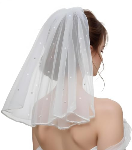 Andibro Kurzer Brautschleier, Damen Kurzer Schleier mit Strasssteinen Weiß Kurzer Hochzeitsschleier mit Kamm Eleganter Tüll Schichtschleier für Braut Hochzeit Junggesellinnenabschied Kostüm