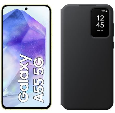 Samsung Galaxy A55 5G Smartphone, Android-Handy ohne Vertrag, 128 GB - 8 GB RAM, 2 Tage Akkulaufzeit, 50-MP-Kamera, Awesome Lemon+Smart View Wallet Case, Black