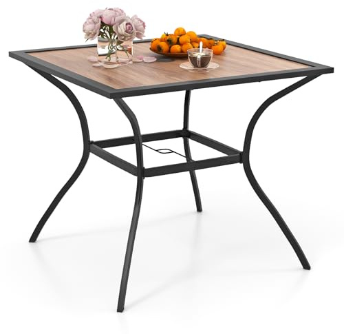 GIANTEX Table de Jardin Carré 76 cm, Table à Manger Extérieure pour 4 Personnes avec Trou de Parasol 4/5 cm, Cadre en Métal, Plateau en Bois, Charge 80 KG, pour Terrase, Cour, Bistrot