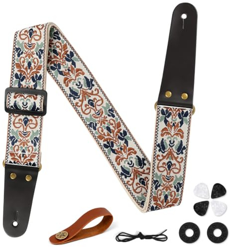 Aucuu Guitar Strap, 2 Embroidery Guitar Straps with Leather Ends Shoulder Strap, Vintage Embroidered Guitar Straps Come with Str-aps Button, 1 Pair Str-ap Locks and 4 Guitar Picks