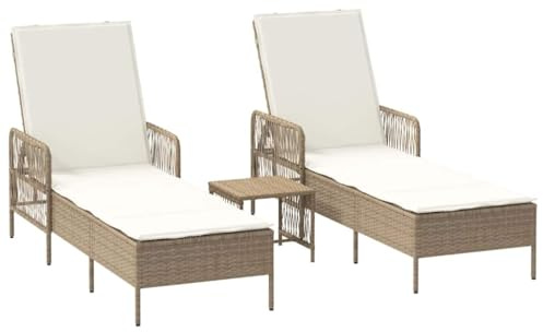 vidaXL Sonnenliege mit Kissen 3 pcs Beige und Cremeweiß Poly-Rattan, Garten- und Terrassenliege, rechteckig, modernes Design, langlebige Multi-Position Rückenlehne, Abnehmbarer Bezug, Poolmöbel