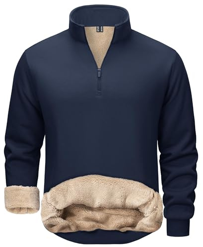 TACVASEN Sweat-Shirt à Manches Longues Doublé Polaire pour Homme Chaud Pull de Travail d'hiver à Manches Longues et Éclair 1/4 Bleu Marine, XL