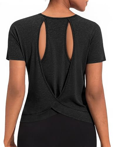 Gyabnw Maglietta Sportiva Donna Scollo Tondo con Chiena Traforata Maglia Trekking Donna Maniche Corte Retro Traspirante per Yoga, Fitness e Trekking