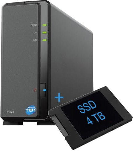 SIMPLETEK - 1 Bay NAS Network Storage Device with 4TB SATA 3.5 SSD, Gigabit Ethernet, 1GB RAM, USB 3.2, - Black
