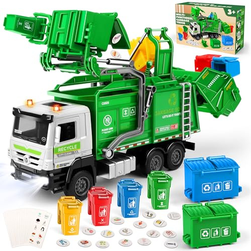 Charmofun Camion Poubelle Jouet, Camion à Ordures avec 6 Poubelles, 180 Carte, Lumière et Son, Camions Poubelle à Friction Educatifs Cadeau pour 3+ Ans Garcon Fille