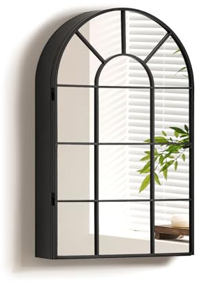 CLIPOP 1 Door Bathroom Mirror Cabinet, 50 x 80cm Arched Bathroom Wall Cabinet with Black Metal Frame, Modern Mirrored Door Wall Mounted Storage Cabinet with 2 tiers Shelves for Bathroom Vanity Hotel