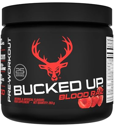 Bucked Up Pre-Training Powder | Performance Supplement with Beta-Alanine, Citrulline Malate & Caffeine | Sugar Free | Blood Raz Flavour| 25 Servings