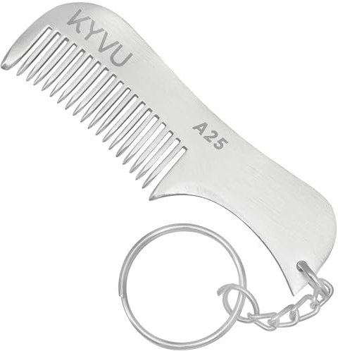 KYVU A25 Metall mustasch och skäggkam med nyckelring för män, aluminium | Handgjord silver, 7,5 cm, antistatisk, okrossbar, fintandad, polisonger, fästs på nycklar och väskor