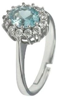 De Santis Gioielleri Anello Donna Margherita Argento 925 Rodiato | Anello con Zircone Ovale Color Acquamarina e Brillanti | Stile Halo Vintage a Corona, Misura Regolabile, Anallergico