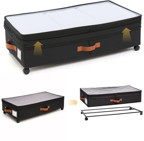 AVOKIHI 2 Pack Under Bed Storage with Wheels (Adjustable Height 7.9-9.5), 75L Rolling Underbed Storage Containers, Collapsible Metal Frame & Washable Fabric Drawer for Clothes, Shoes, Blankets
