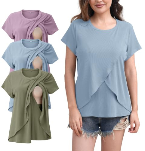 SUNNYBUY Pack de 3 camisetas de lactancia para mujer, de manga corta, con doble capa de acceso lateral para embarazo y lactancia