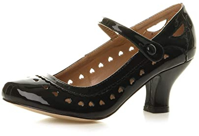 Chaussures Escarpins Babies Classique cœur découpée Femmes Petit Talon Taille, Noir Vernis, 40 EU