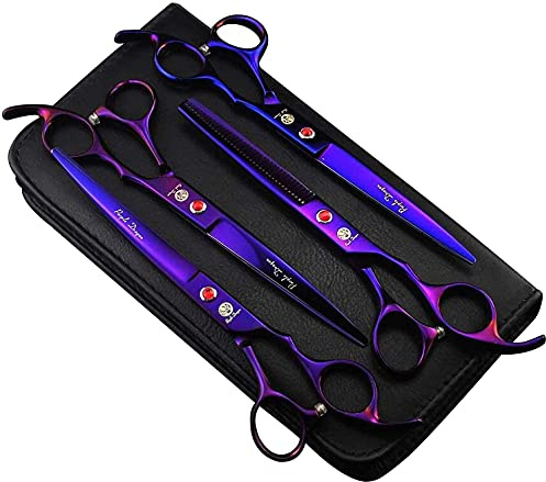 Purple Dragon Professional 7.0 inch 4PCS Pet Grooming Scissors Kit Japan Premium Steel Straight & Curved & Thinning Blade Dog Hair Cutting Shears Set with Case
