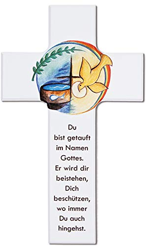 FRITZ COX Holz-Kreuz zur Taufe mit Taufkelch, Taube (Hlg. Geist), Kreuz und Zweig. Mit passendem Segenswunsch für Mädchen und Jungen; 15cm