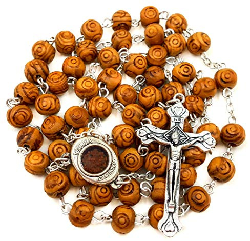 Nazareth Store Natural Olive Wood Rosary Beads Hand Carved Five Decade Catholic Rosary with Jerusalem Holy Soil Medal and Cross Terra Santa Rosaries