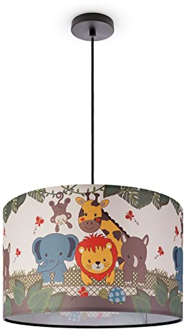 Paco Home Pendelleuchte Kinderzimmer Deckenlampe Stoff Lampenschirm Dschungel Tiere E27 1,5m Textilkabel Dinosaurier Zoo, Farbe:Design 1 (Ø45,5 cm), Leuchtenart/Farbe:Pendelleuchte - Schwarz