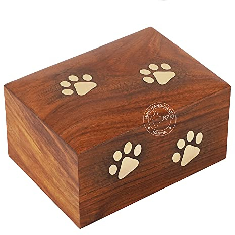 Hind Handicrafts Urna de latón con incrustaciones de pata de palisandro para perros, gatos, urnas conmemorativas para cenizas, caja de madera para fotos urna de cremación (mediana: 19 x 14 x 8,9 cm,