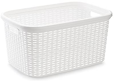 Acan Tradineur - Cesta Colada Rectangular de plástico - Fabricado en España - Capacidad de 35 litros - Estilo Mimbre - 53,5 x 36 x 26,5 cm - Color Blanco