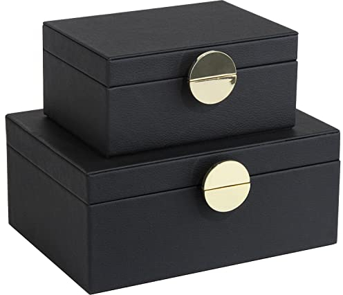 HofferRuffer Faux Leather Jewelry Boxes, Decorative Boxes Storage Accessory Organizer with Gold Hardware Decor, Classic Black Vegan Leather Set of 2 Pieces