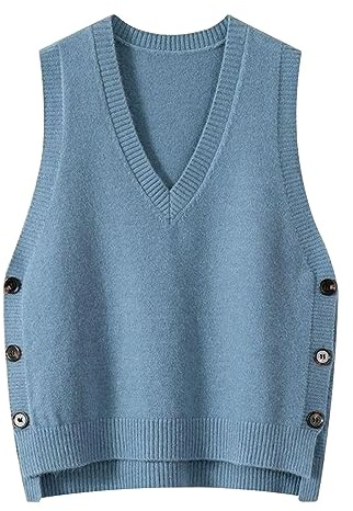 QWUVEDS Gilet/pull tricoté pour femmes, sans manches, style rétro, avec col en V, décontracté, parfait pour le printemps et l'automne, couleur unie, beige, bleu ciel, taille unique