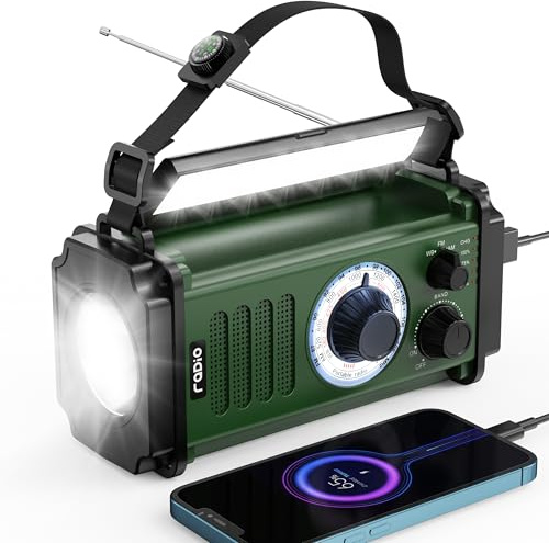Radio de emergencia de 10000 mAh/37000 mWh, radio solar, radio de manivela, radio meteorológica NOAA AM FM, 4 métodos de carga, batería de polímero, linterna y lámpara de lectura, alarma SOS, cargador