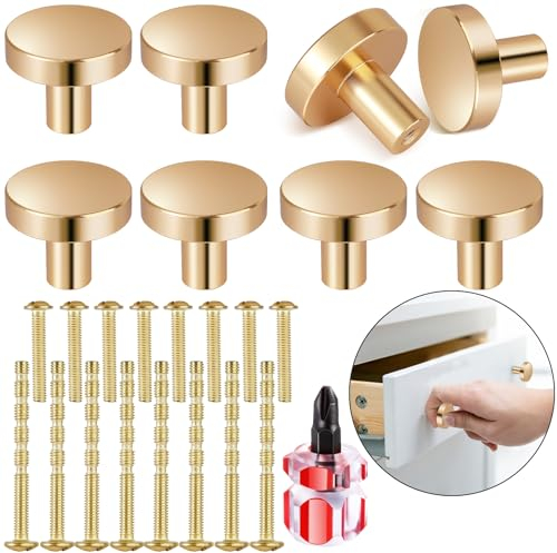 VEPEPE 8 Pcs Redondo Tiradores Para Cajones Dorados, 25 * 30mm Redondo Tiradores Armarios Dorados con 16 Tornillos de Fijación y 1 Destornillador, Cajones para Muebles Cocina Armarios