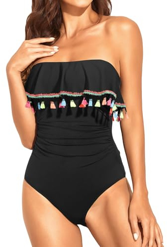 Holipick Strapless One Piece Swimsuits for Women Tummy Control Bandeau Bathing Suits Ruffle Slimming Swimwear