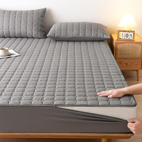 Matratzenschoner mit Reißverschluss Matratzenüberzug Grau Weiche 90x190/200 Anpassbare Matratzenüberzug Matratzenauflage Encasing Gesteppt Waschbarer Spannbettlaken Matratzentopper(90x190+18cm,Gray)