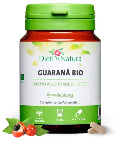 Dieti Natura 200 cápsulas de Guaraná - Extracto de Semillas de Guaraná - Potente Fuente de Cafeína con Propiedades Antifatiga - 400 mg por Cápsula de Guaraná (200 Cápsulas Bio)