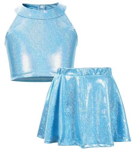 AIEOE Ragazze Scintillanti due Pezzi Abbigliamento Danza Top Senza Maniche + Gonna Danza Hip Hop Jazz Dancewear Blu 10-13 Anni