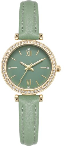 Comtex Damenuhr, weißes großes Zifferblatt, Kristall, Diamant, weißes Lederband, Uhr (Roségold), grün, Modern