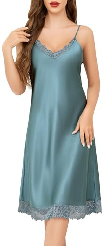 Sopesil Camisón Sexy de Satén Camisiones Mujer con Tirantes Ajustables sin Mangas Cuello en V Camisón Mujer Dormir Verde Grisáceo M