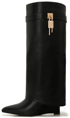 Aizhenzm Stivali larghi da donna a forma di squalo, altezza al ginocchio, con cerniera laterale e fibbia di bloccaggio, tacco a zeppa bassa, stile invernale, nero, 39.5 EU Larga