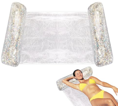 Hamac Gonflable pour Piscine, Hamac Flottant avec Filet à Paillettes Chaise Longue Flottante Accessoire Piscines Pliable, Facile à Transporter, Polyvalent pour La Plage, Les Rivières Et La Piscine