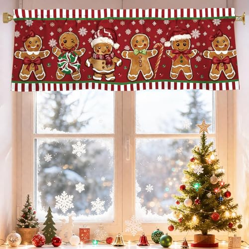 Cylanta Christmas Valances for Windows 54x18 Inch Red Gingerbread Men Candy Cane Curtain Valance for Kitchen Bathroom Living Room Bedroom Decor