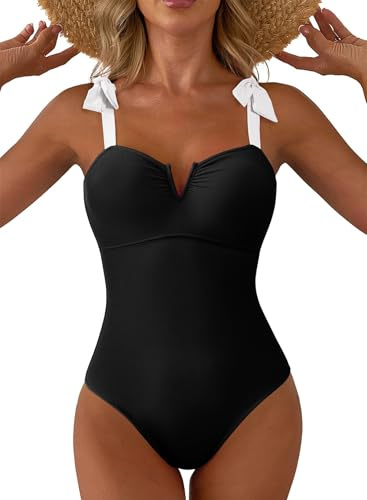 Aleumdr One Piece Swimsuit for Women Vintage Print Swim Suit Black Medium