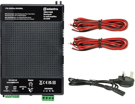 Adastra | IWA2100B In-Wall Bluetooth Amplifier 2 x 100W | High-Power 2-Channel Class-D Stereo Amp with Bluetooth, Optical & Aux Inputs | Compact Wall-Mounted Audio for Home & PA