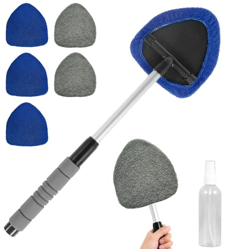 Wsndyjia Car Windshield Cleaning Tool Set, 180° Car Windscreen Cleaner, Windscreen Cleaner Tools with 1 Extendable Handle and 5 Washable Reusable Microfiber Pads with 1 Spray Bottle (Blue and Grey)