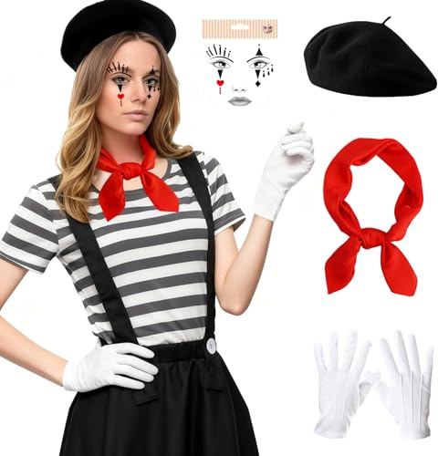 MINGJAY Disfraz de Carnaval Pantomima,4 Piezas Pantomime Costume,Disfraz de Mimo,Carnaval Mime Disfrazs,Accesorios para Disfrazs,Carnavals Disfraces,para Carnavals Mascarada Halloween