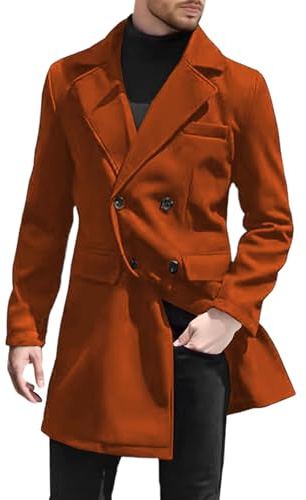 Smal passform ullblandning trenchcoat för män dubbel bröst ytterrock avslappnad lång affärs ärtrock, Brun, L