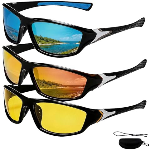 nnOuOnn 3Pack Sports Polarised Sunglasses for Men Women Cycling Running Driving Fishing Golf, Wrap Around Night Glasses Set with Strap and Case, Anti Glare & UV400