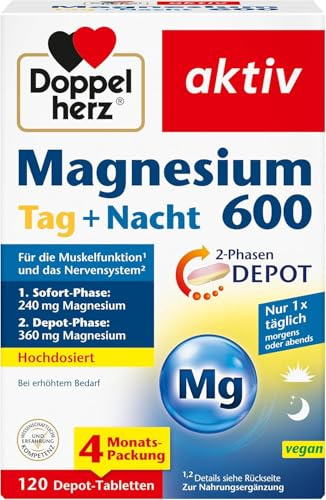 Doppelherz Magnesium 600 Tag und Nacht 2-Phasen-DEPOT - Magnesium trägt zur normalen Muskelfunktion bei - Hochdosiert - 120 DEPOT-Tabletten