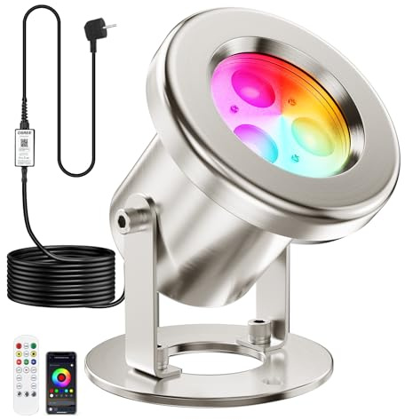 OSREE Luci per Laghetto Acciaio Inossidabile SS316, 6W Faretti per Laghetto con Cavo 9,5M e 12V Trasformatore, RGB Luci Laghetto Immersione per Laghetti da Giardino, Ruscelli, Stagni Koi, Cascate