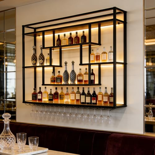 Portabottiglie da Parete con luce LED, Portabottiglie in Metallo e Legno di Grande Capacità, Mensola Espositiva per Bottiglie di vino con Portabicchieri, per bar, sala da pranzo, cucina (100cm)