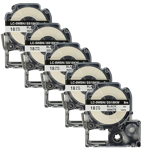 vhbw 5x cinta de escritura reemplaza Epson SS18KW, LC-5WBN para impresora etiquetas 8m x 18 mm negro a blanco, plástico